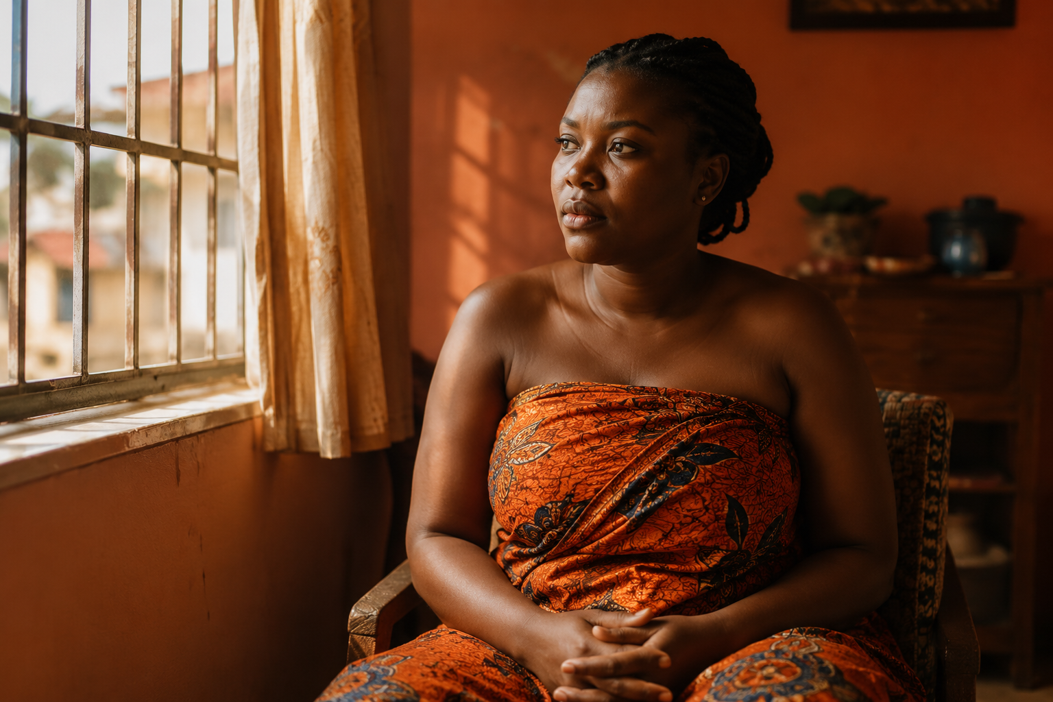 Nigerian woman by window in morning light